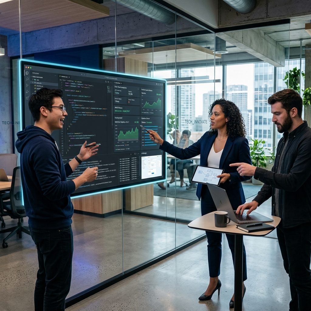 Software development team collaborating in a modern office